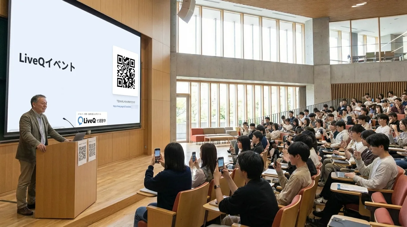 授業でLiveQを使っている学生と教員のイメージ