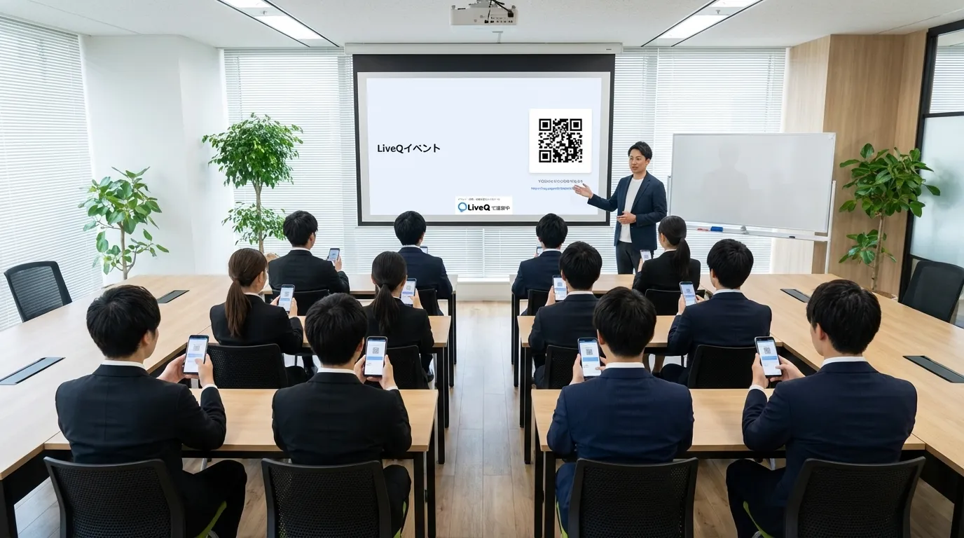 採用説明会でLiveQを使っている学生と採用担当者のイメージ